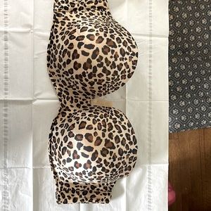 Leopard print strapless bra with underwire and adhesive to hold it up